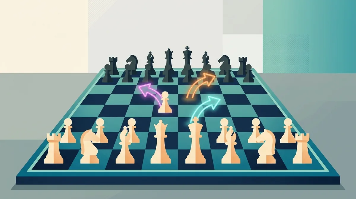 A chess board seen from a low angle at the start of a game with three pawn moves marked by glowing arrows