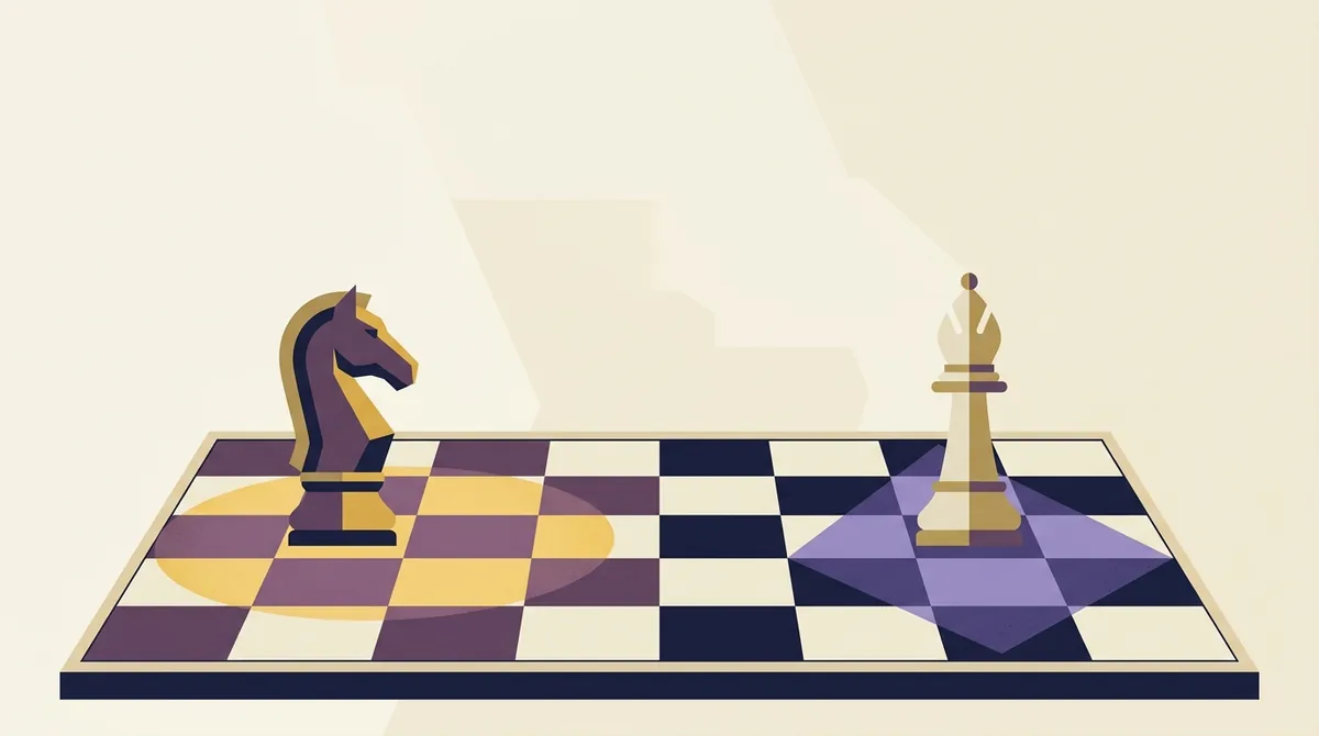 A chess knight and a chess bishop on opposite sides of a board, each casting a differently shaped pool of light